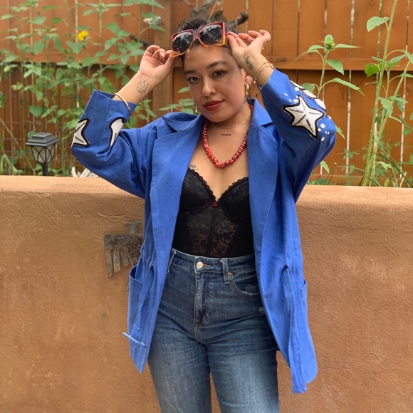 ibe Vintage 1980s Blue Linen Sea Shell Blazer Size 6 Novelty Print - Picture 3 of 12